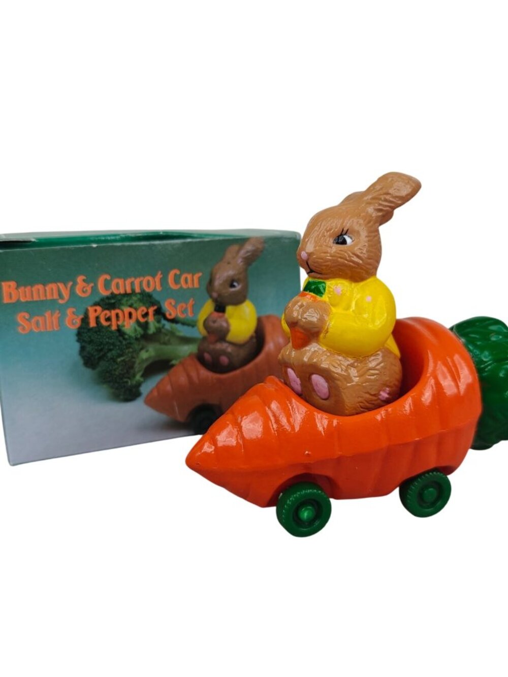 Vintage Bunny & Carrot Car Salt & Pepper Shaker Set W/Original Box
